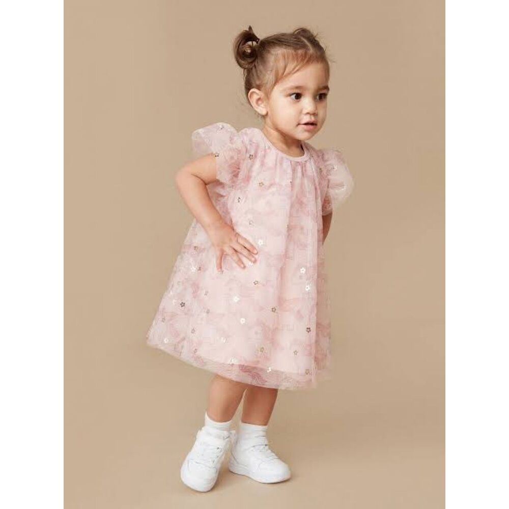 (N2) Baby Starters, 6 Month, Girls Pink Tulle Dress, Gold Floral